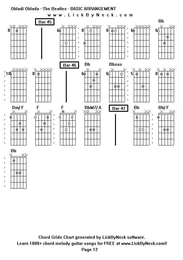 Chord Grids Chart of chord melody fingerstyle guitar song-Obladi Oblada - The Beatles - BASIC ARRANGEMENT,generated by LickByNeck software.